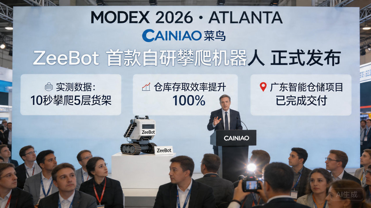 菜鸟发布首款自研攀爬机器人ZeeBot：10秒登顶5层货架
