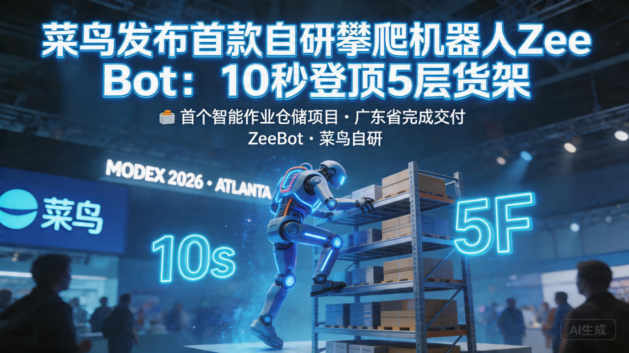 菜鸟发布首款自研攀爬机器人ZeeBot：10秒登顶5层货架