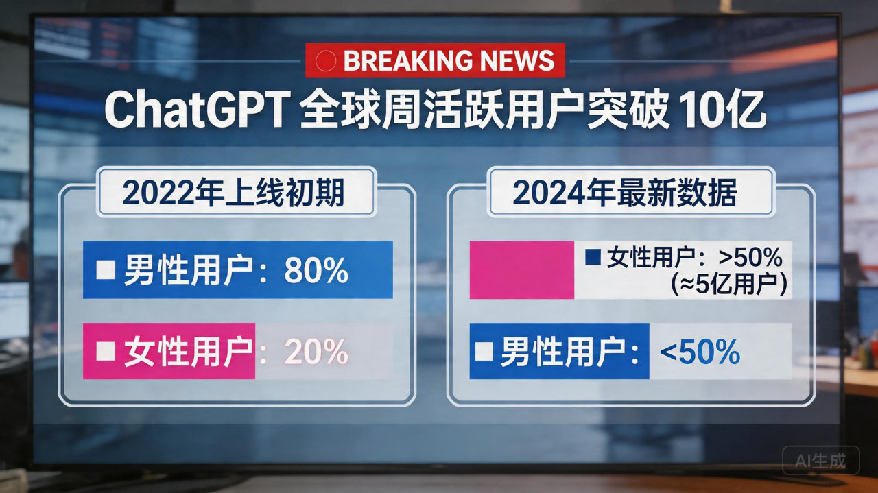 ChatGPT 用户突破 10 亿，女性用户占比首次超过 50%
