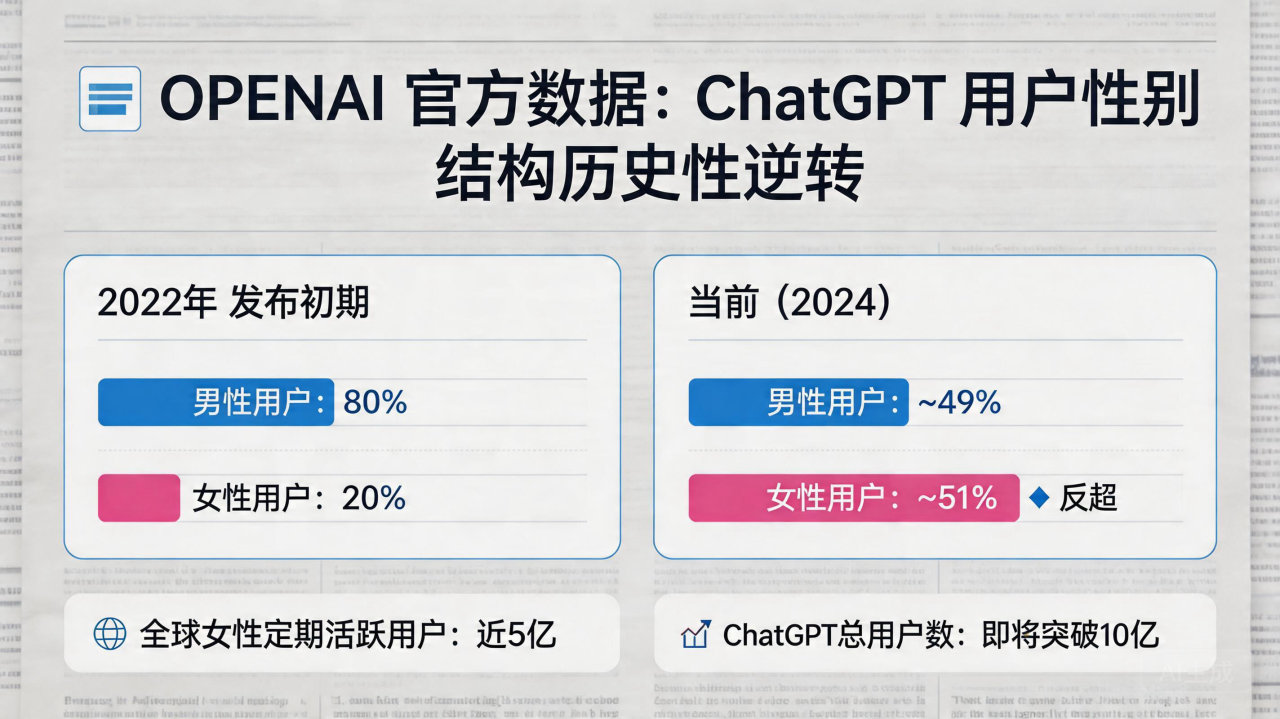 ChatGPT用户结构历史性逆转：女性占比首超50%，总用户规模逼近 10 亿
