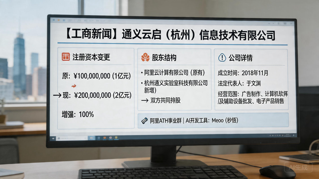 通义千问关联公司注册资本翻倍，阿里云与杭州通义实验室共同持股
