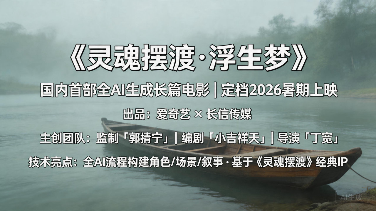 爱奇艺发布首部全 AI 生成电影《灵魂摆渡·浮生梦》，定档2026年暑期

