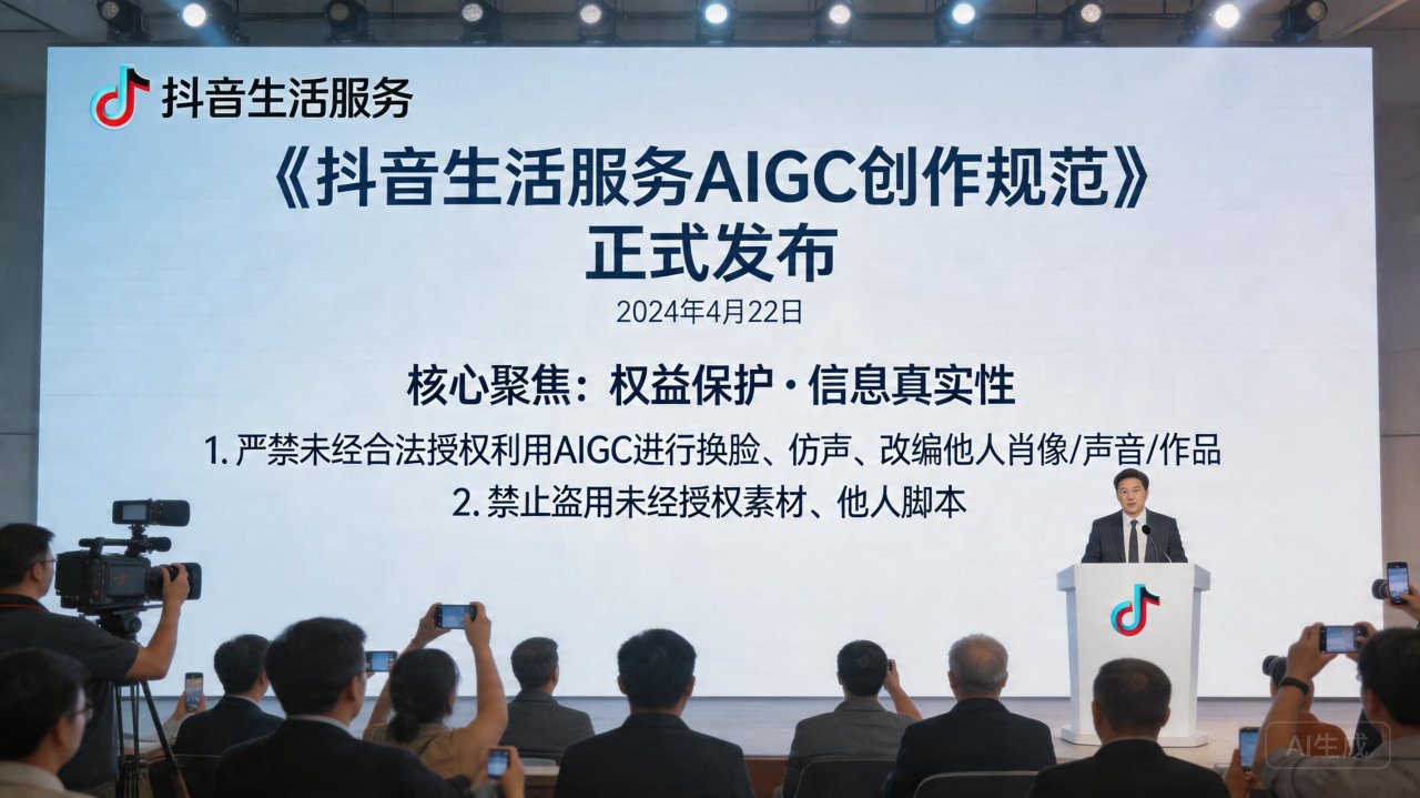抖音发布生活服务AIGC创作规范:严禁未经授权使用他人肖像及声音
