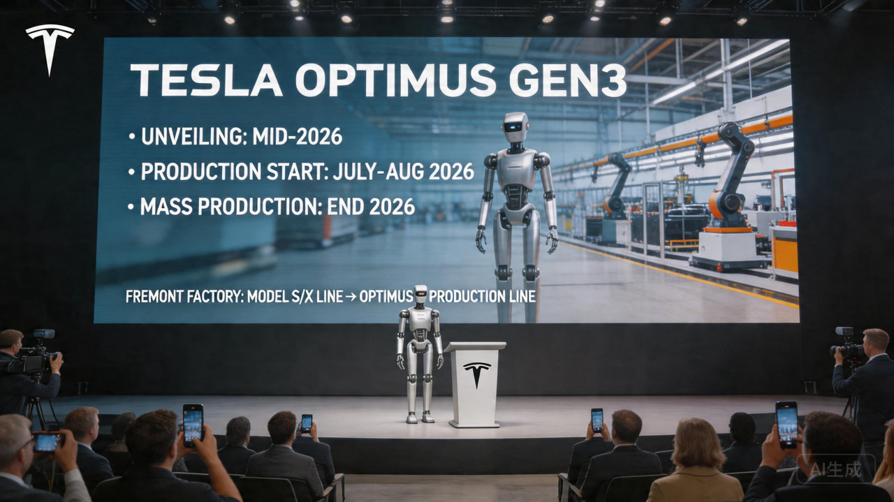 特斯拉第三代人形机器人定于2026年中发布，三季度启动正式投产
