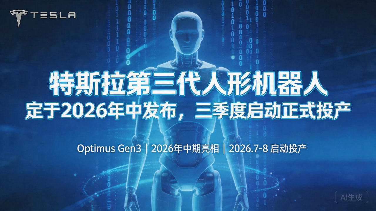 特斯拉第三代人形机器人定于2026年中发布，三季度启动正式…