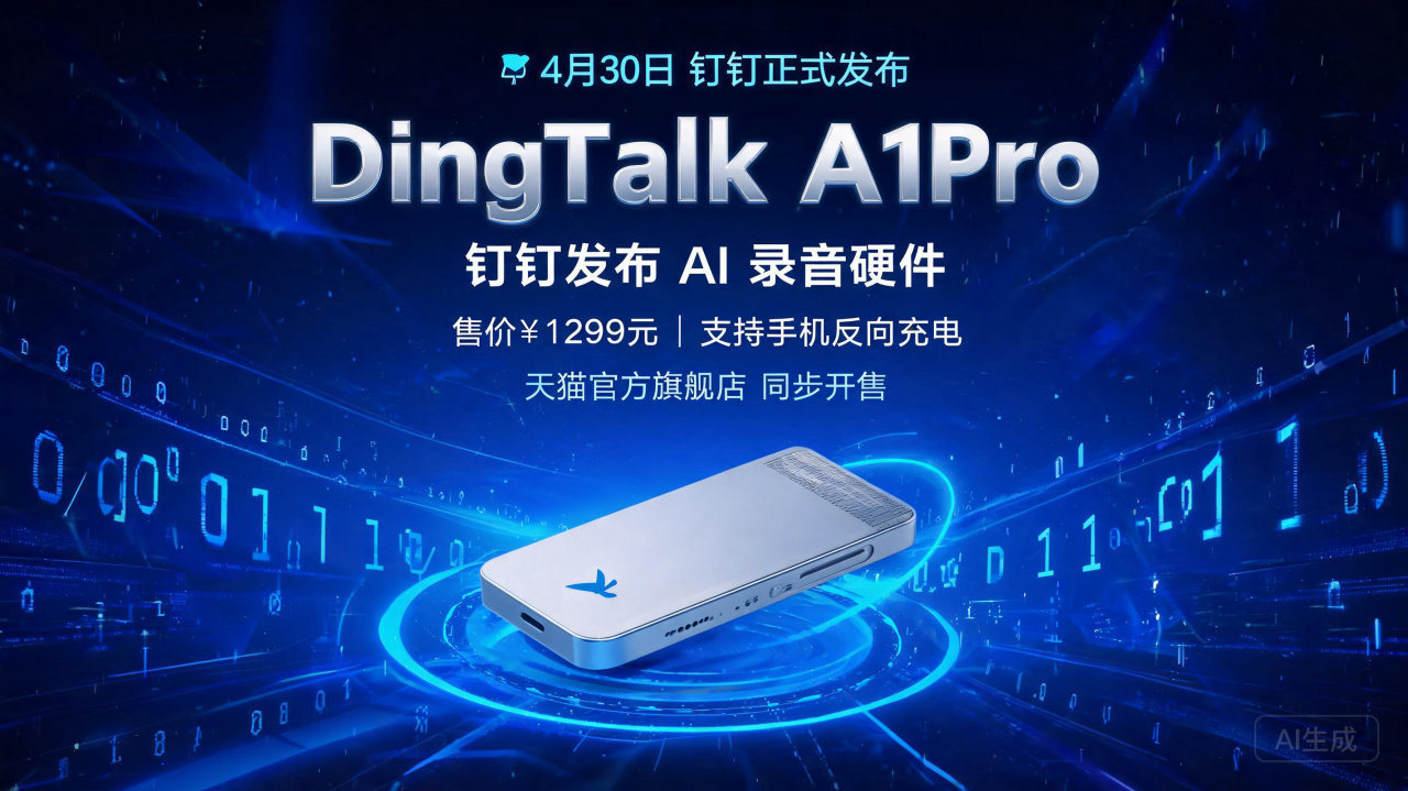 钉钉发布 AI 录音硬件 DingTalk A1Pro:售…
