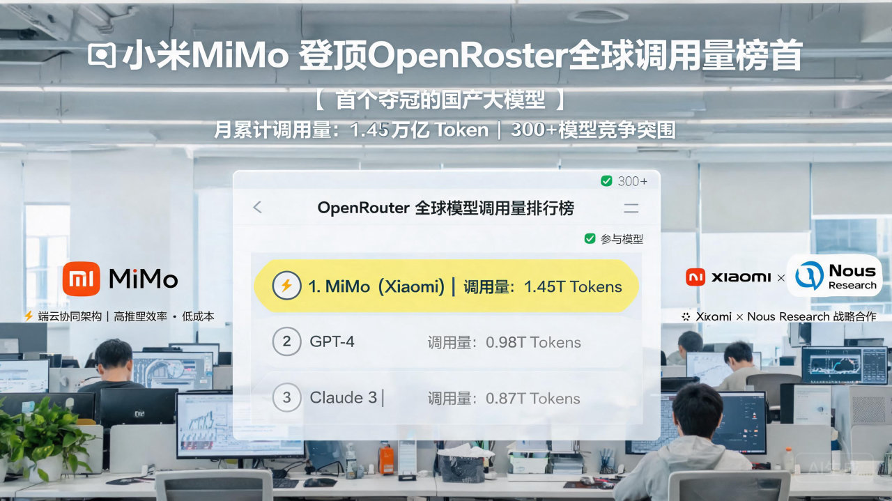 小米MiMo登顶OpenRouter全球调用量榜首，国产大模型首次问鼎
